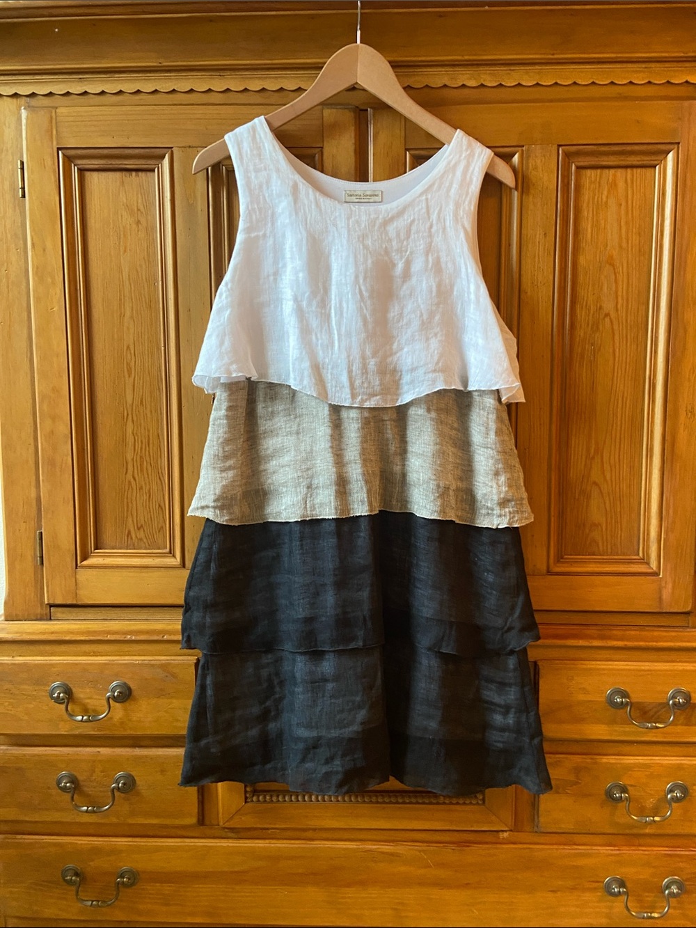 Made in Italy~LINEN Size L (10/12) Sleeveless Midi Dress White, Natural, Black